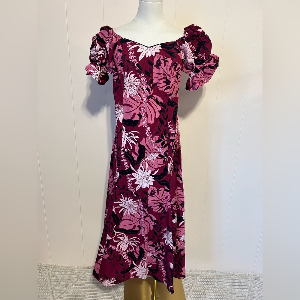 Vintage Two Palms Hawaiian Floral elastic Puff Sleeve Dress size M